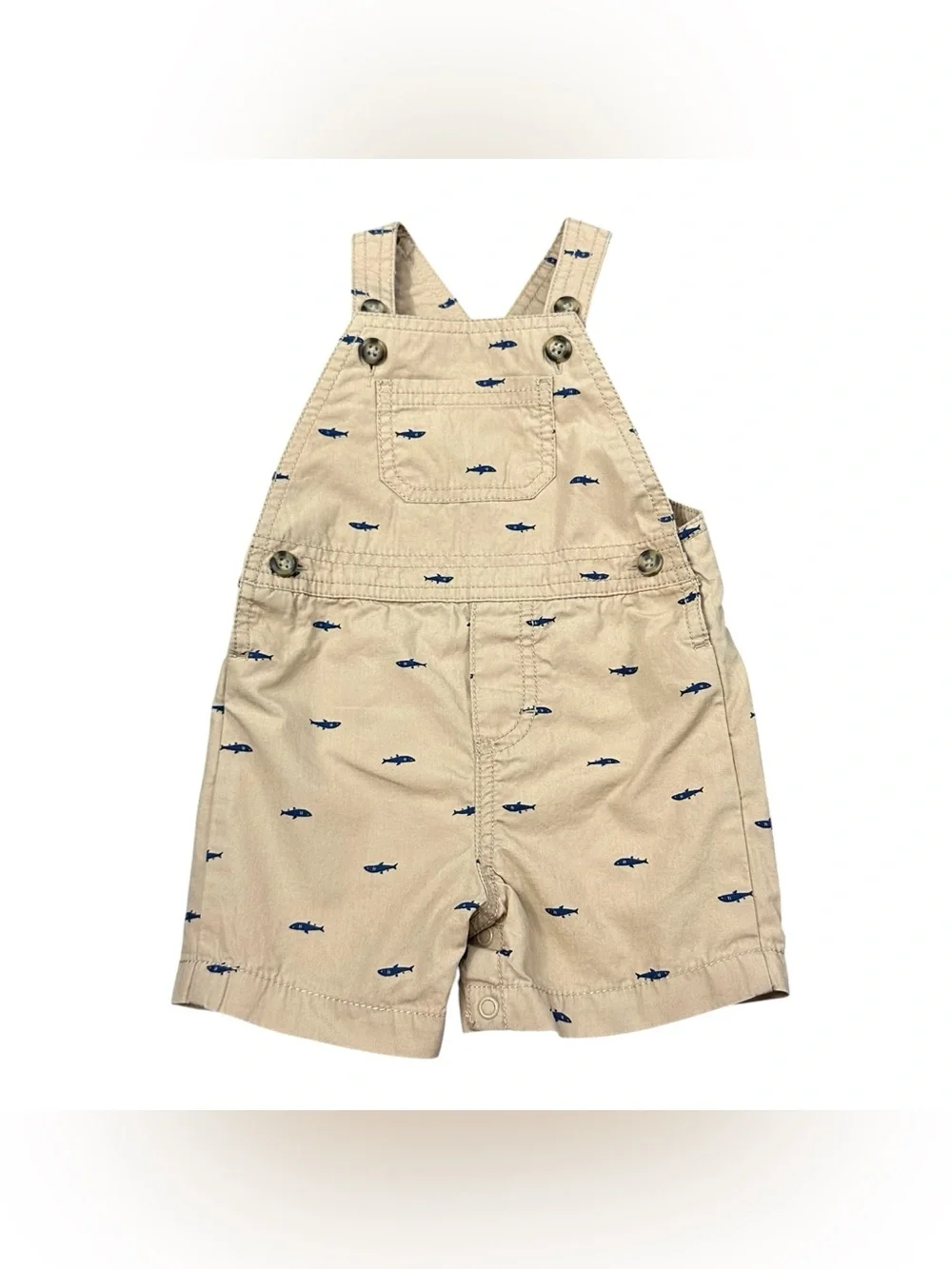 Carter’s Baby Boys 9M Khaki Shortalls Navy Fish Print Cotton Overall Romper